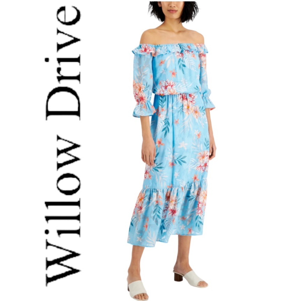 Willow Drive Floral-Print Off-The-Shoulder Maxi Dress Sky Blue